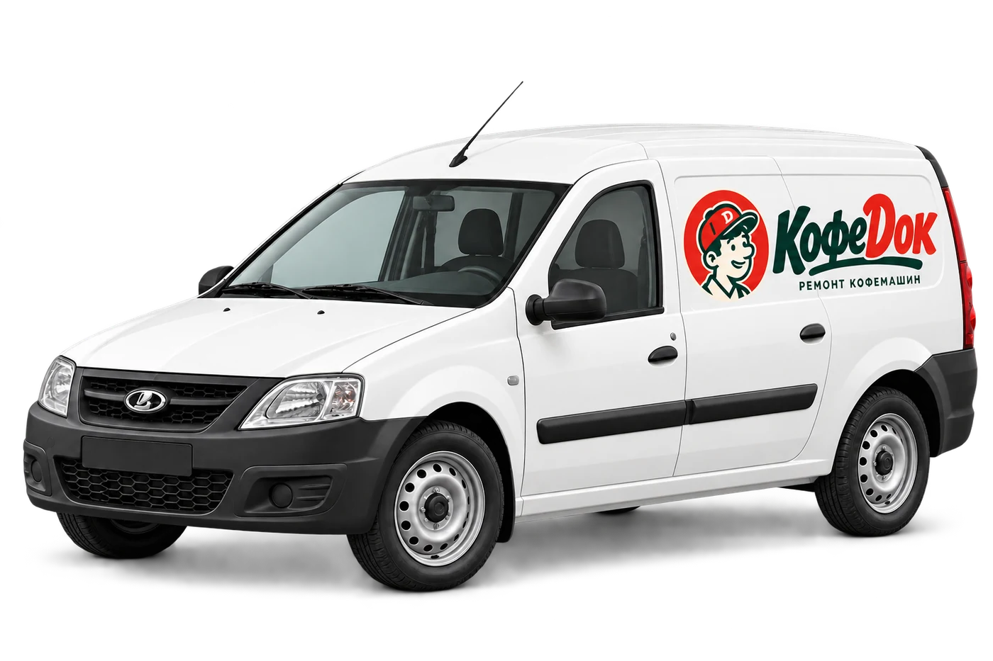 Иллюстрация белого автомобиля с логотипом КофеДок